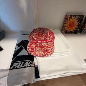 Supreme Red and Yellow Floral Hat and supreme bags